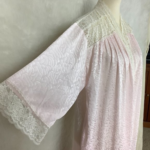 Vintage 1970s Christian Dior Miss Dior Pink Jacquard And Ivory Lace Robe S - Picture 2 of 7